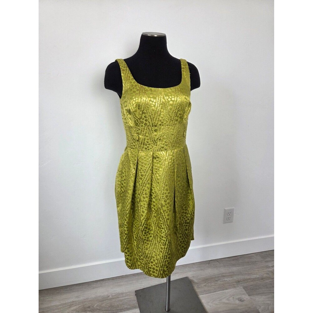 Antonio Melani Lime Green Gold Metallic Dress Midi Cocktail Evening Formal 4